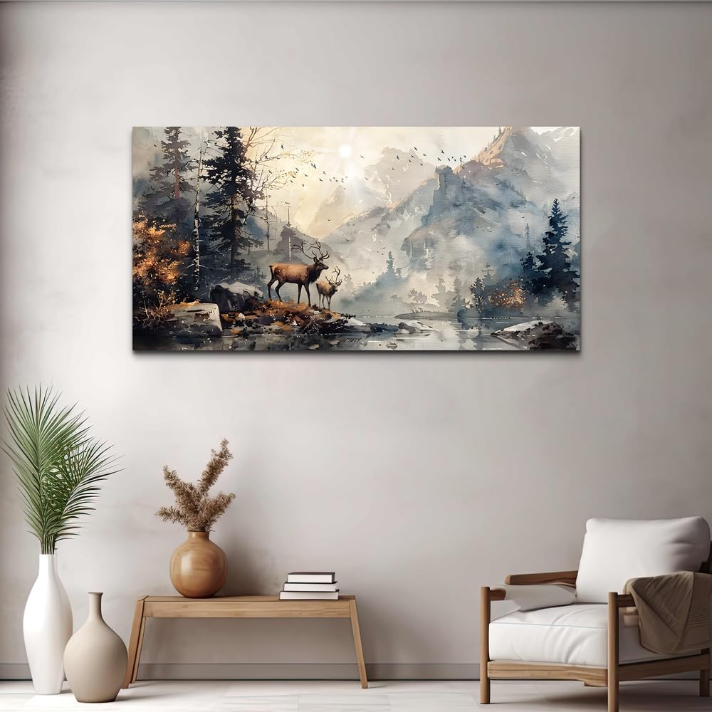 FUHAIHUA Canvas Wall Art for Living Room, Mountain Forest Deer Landscape 20x4...