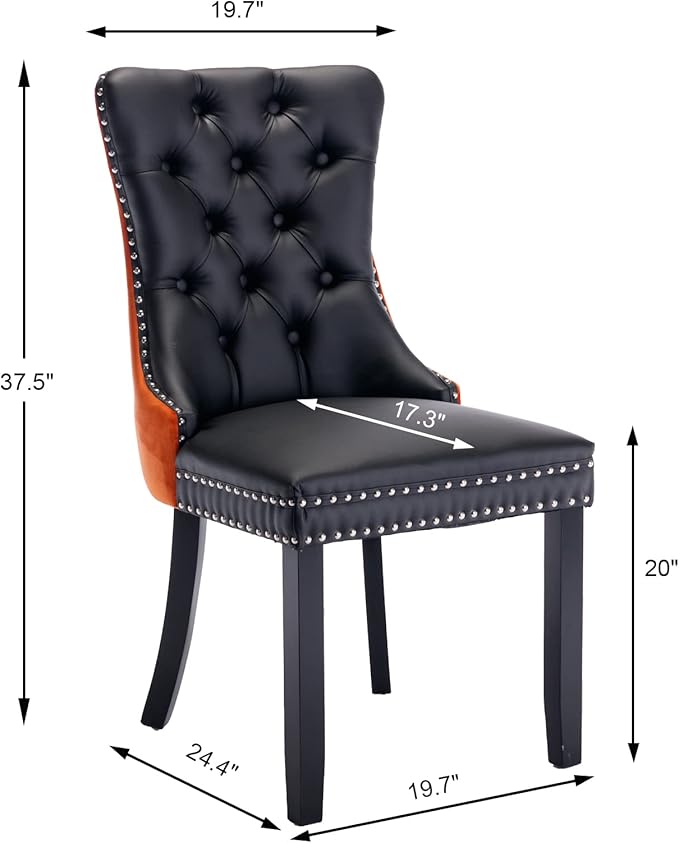 Dining Chairs Set of 4, Upholstered Dining Room Chairs with Back Ring Pull Trim and Solid Wooden Legs, Modern Tufted Kitchen Chairs Perfect for Dining Room, Black Pu Leather Splicing Orange Velvet