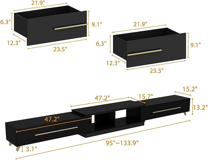 FAMAPY Modern TV Console Extendable Media Console, Adjustable Length, Contemporary Entertainment Center with Drawers and Legs, for Living Room Black and Gold (95”-133.9”W x 15.2”D x 13.1”H)