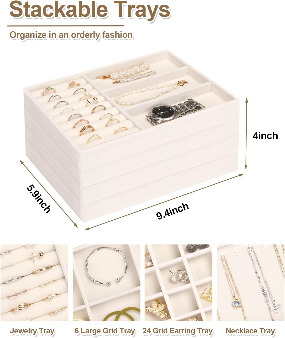 Jenseits 4 Jewelry Organizer Drawer Insert, Stackable Velvet Jewelry Tray Organizer Display Case Storage Containers, Earring Holder Necklace Watch Bracelet Accessary Ring Trays, Gift For Women (Beige)