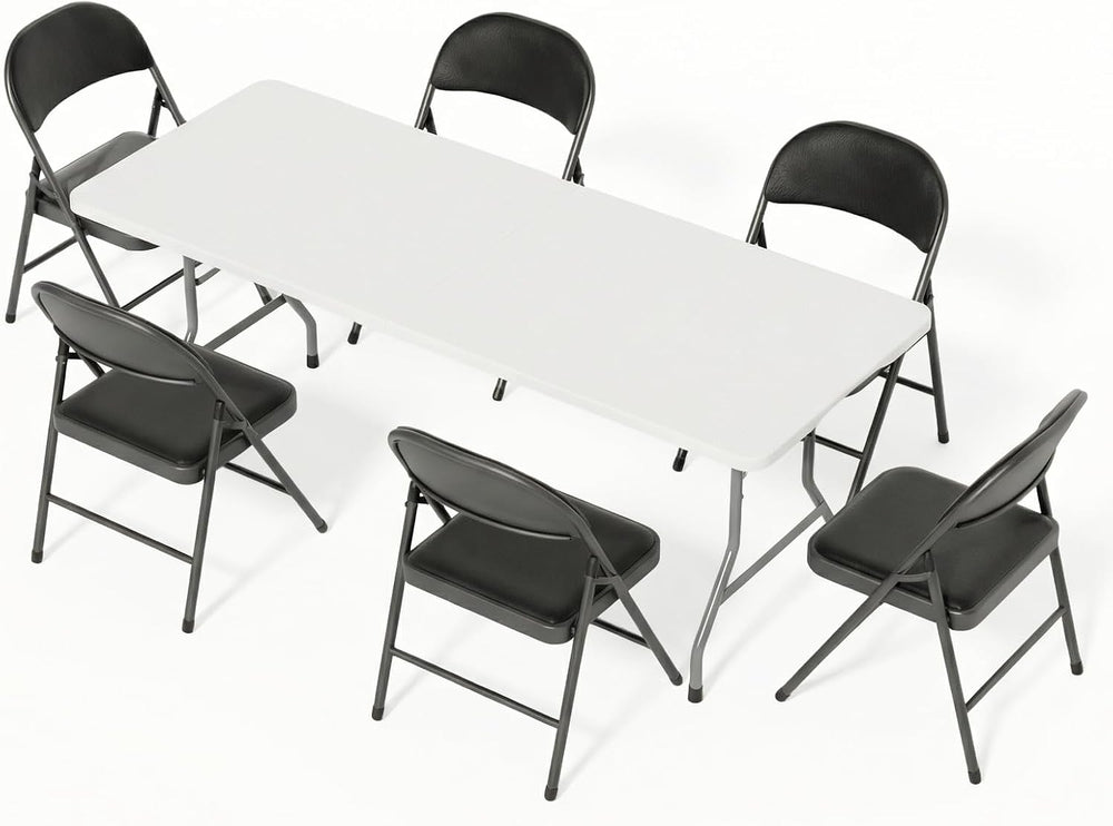 6FT White Plastic Folding Table Set with 6 Black PU Padded Chairs | Portable ...