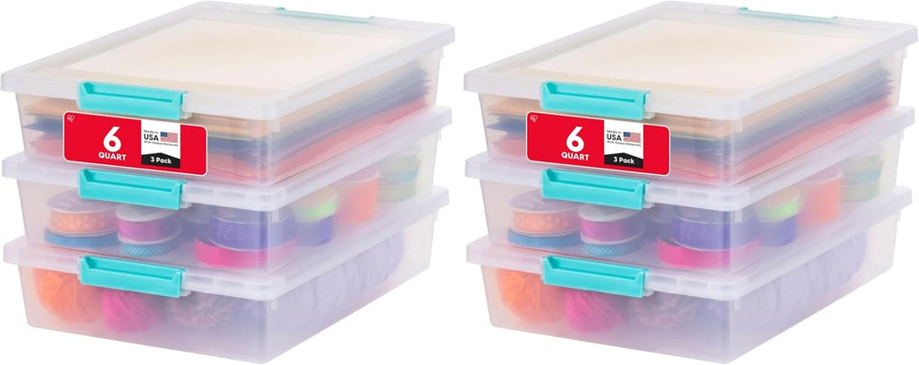 IRIS USA 6 Qt. Craft Storage Bins with Lids, 6-Pack, |Made in USA|, Clip Box, Small Plastic Sensory Bin Tote Organizer Containers for Art Supplies, Paper, & Office, Stackable - Clear/Seafoam Blue