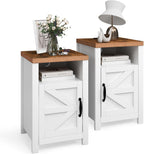 Farmhouse Nightstand with Charging Station, Couch Side Table Set of 2, Bedside Table with Storage Space, End Tables with Barn Door, Bed Side Tables for Living Room and Bedroom, White