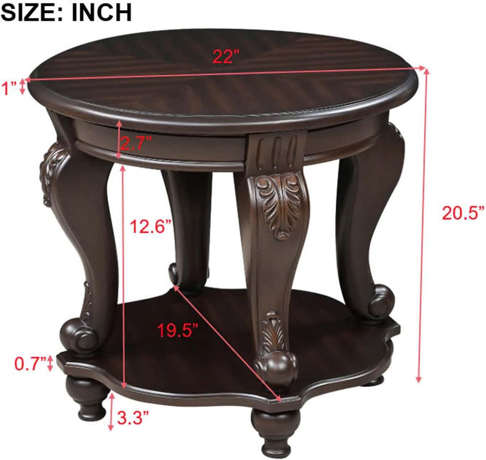 Round End Table for Living Room, Solid Wood Sofa Side Table with Shelf, Retro...