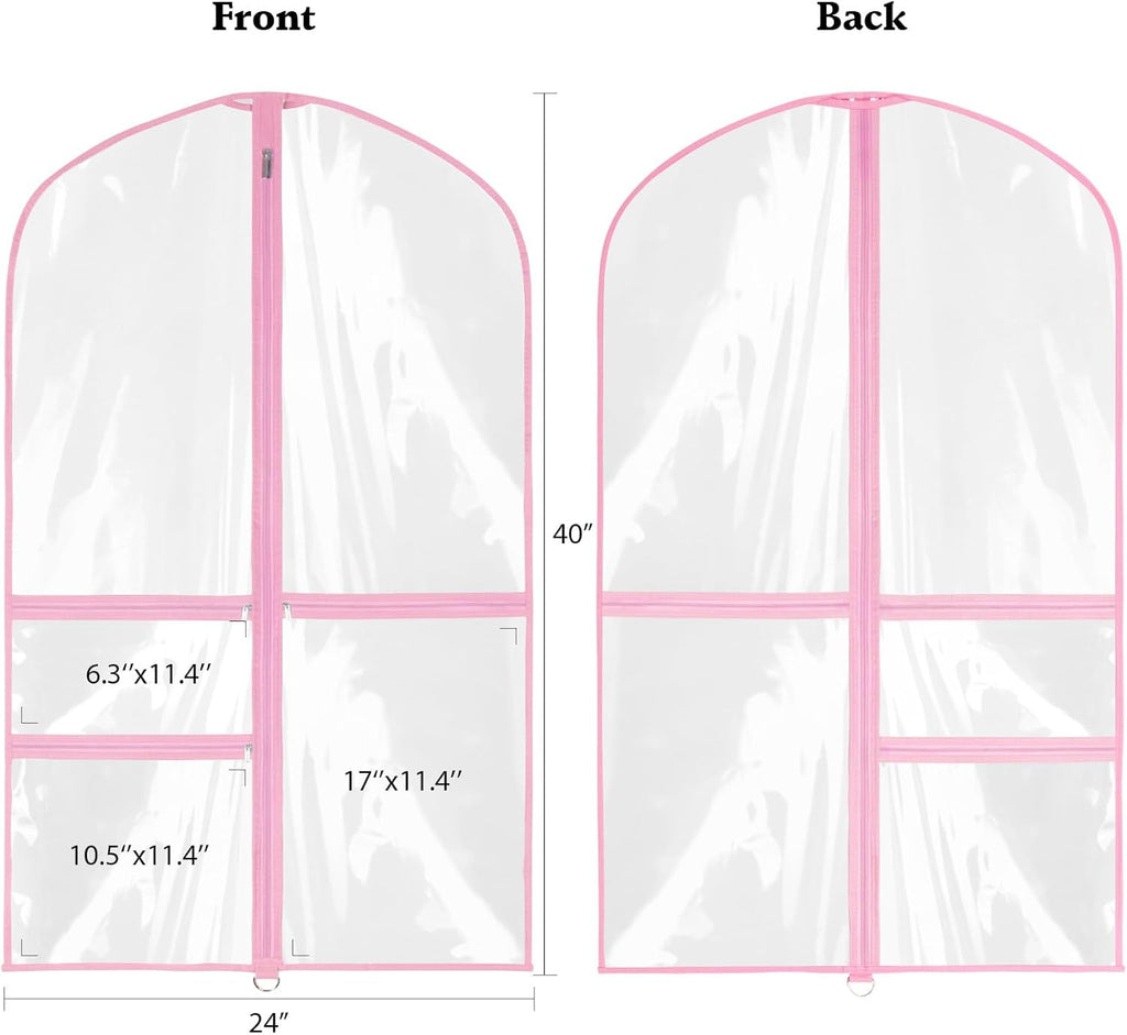 Clear Garment Bags for Dance Costumes, 40” Dance Garment Bags for Dancers, Kids Garment Bag for Dance Competitions with 3 Zipper Pockets, Garment Bags for Hanging Clothes, 6 Pack, Pink