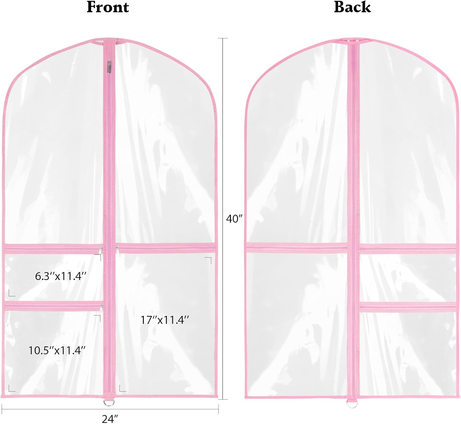 Clear Garment Bags for Dance Costumes, 40” Dance Garment Bags for Dancers, Kids Garment Bag for Dance Competitions with 3 Zipper Pockets, Garment Bags for Hanging Clothes, 6 Pack, Pink