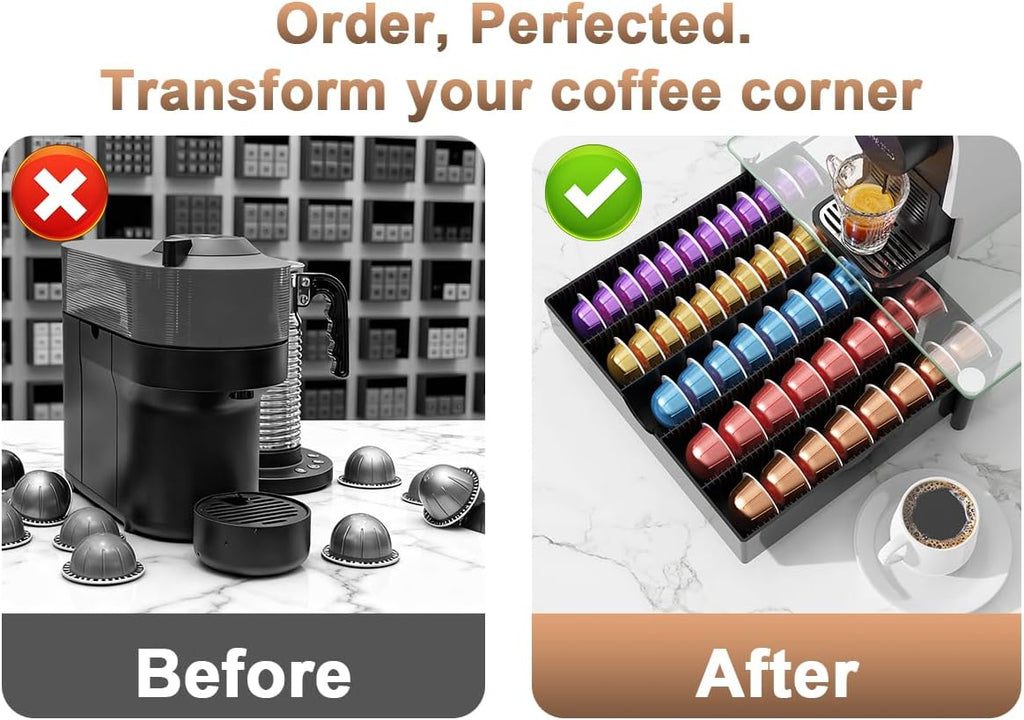 Coffee Pod Drawer Organizer with Tempered Glass Lid - Compatible with Nespresso Vertuo, Holds Up to 60 Small or 40 Large Capsules (Glass)