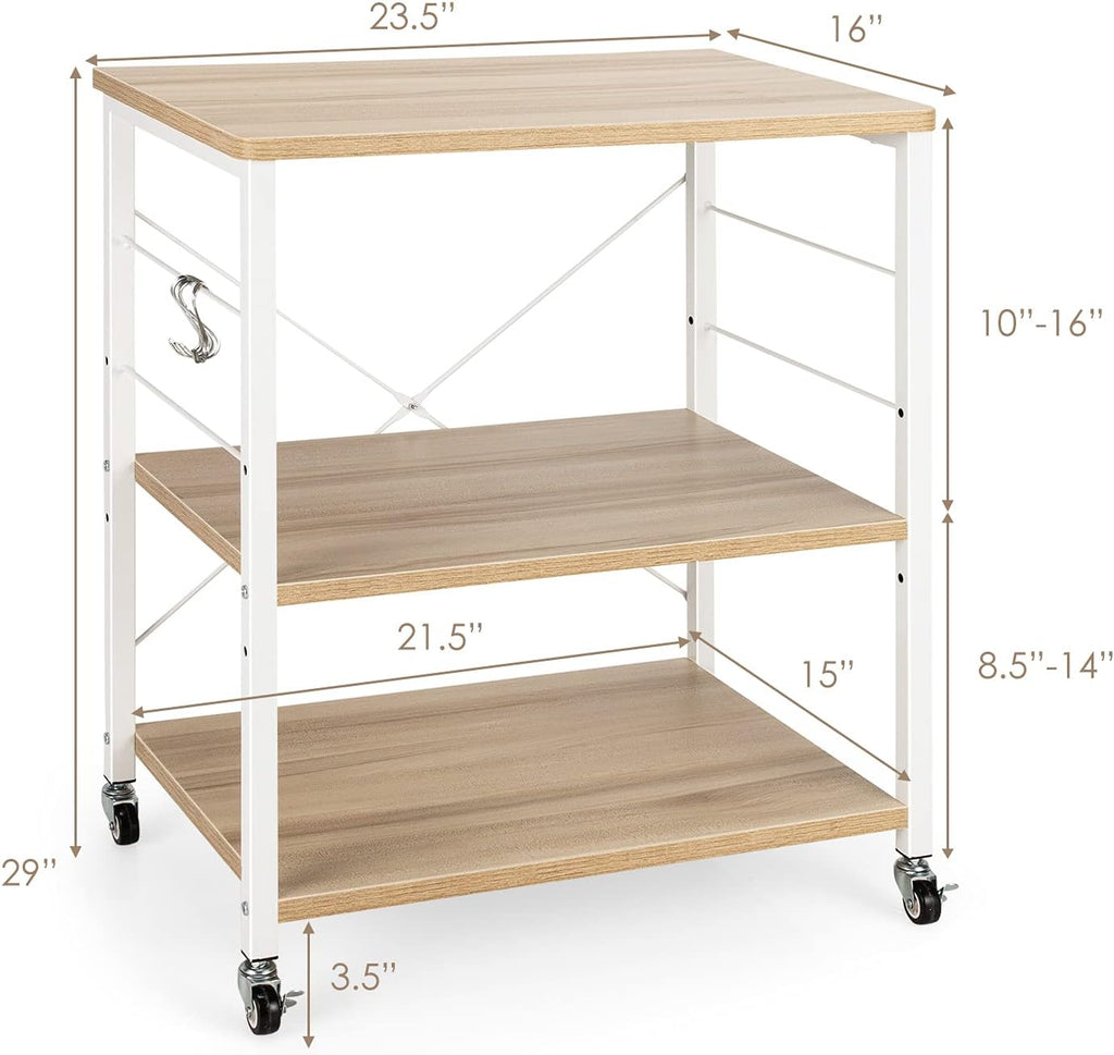 Giantex Kitchen Bakers Rack 3-Tier Microwave Cart on Wheels, Industrial Utility Bar Cart with 10 Hooks Metal Frame Wood Storage Shelves, Rolling Microwave Stand, Maple & White
