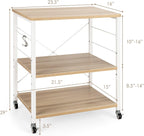 Giantex Kitchen Bakers Rack 3-Tier Microwave Cart on Wheels, Industrial Utility Bar Cart with 10 Hooks Metal Frame Wood Storage Shelves, Rolling Microwave Stand, Maple & White