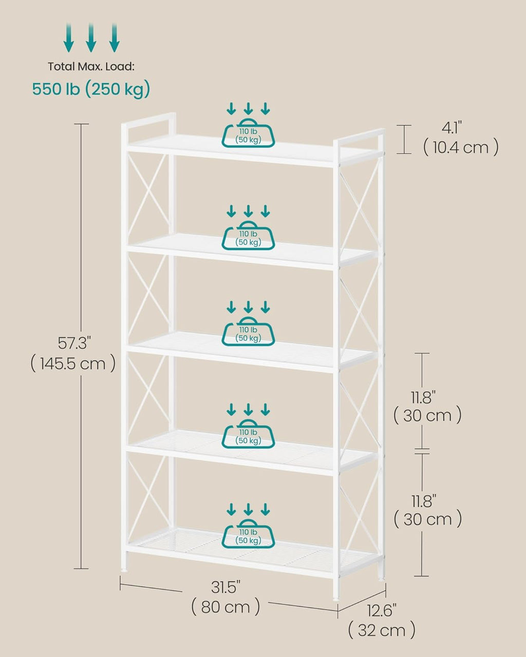 SONGMICS 5-Tier Metal Storage Rack, Shelving Unit with X Side Frames, Dense Mesh, 12.6 x 31.5 x 57.3 Inches, for Entryway, Kitchen, Living Room, Bathroom, Industrial Style, Cloud White UBSC185W01
