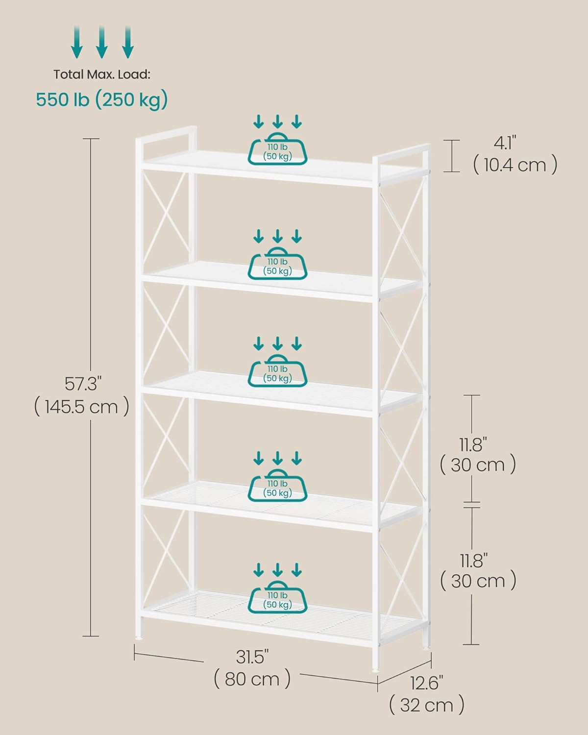 SONGMICS 5-Tier Metal Storage Rack, Shelving Unit with X Side Frames, Dense Mesh, 12.6 x 31.5 x 57.3 Inches, for Entryway, Kitchen, Living Room, Bathroom, Industrial Style, Cloud White UBSC185W01