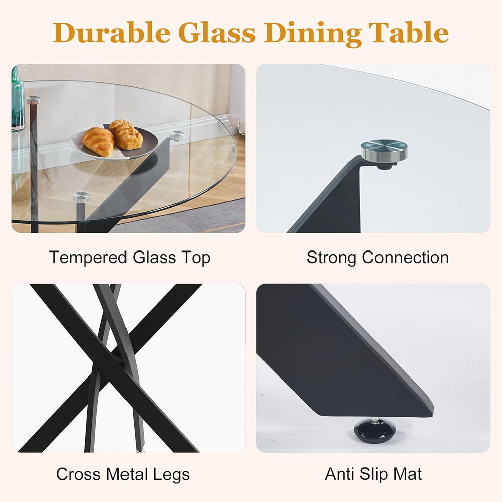 36" Round Glass Dining Table, Modern Kitchen Table with Clear Tempered G...
