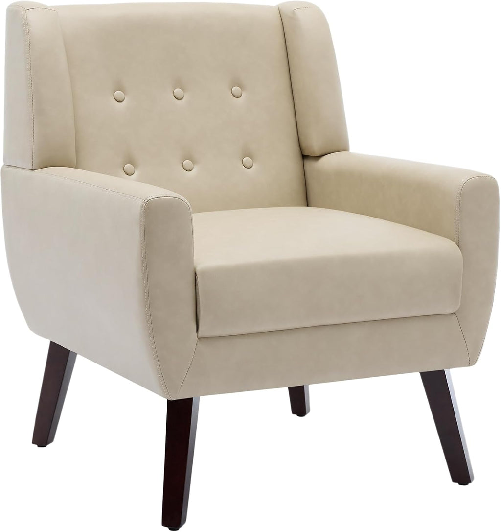 PU Leather Accent Chairs Set of 2, Upholstered Armchair, Cream | Mid Century Modern Living Room Chair, Button Tufted Wingback Chair with Removable Cushion, Bedroom Side Reading Seat