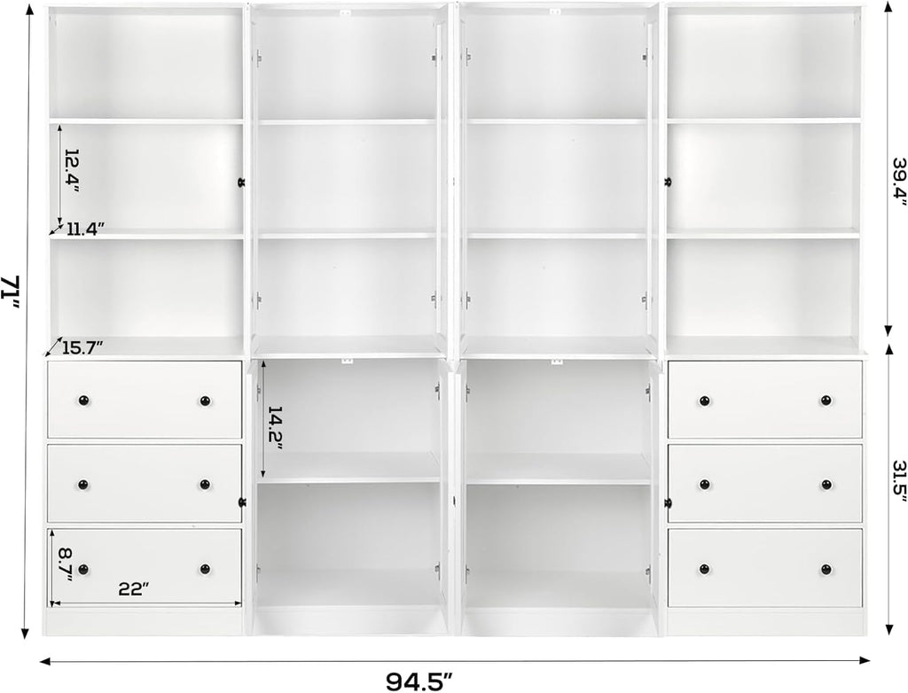 TUSY 71" Bookshelf Bookcase, 3-Tier Modern Bookshelves 3 Large Drawer, Wood Filing Cabinet with Open Storage Shelf, Glass Doors 5-Tier Fixed Storage Shelves for Home Office (Wood)