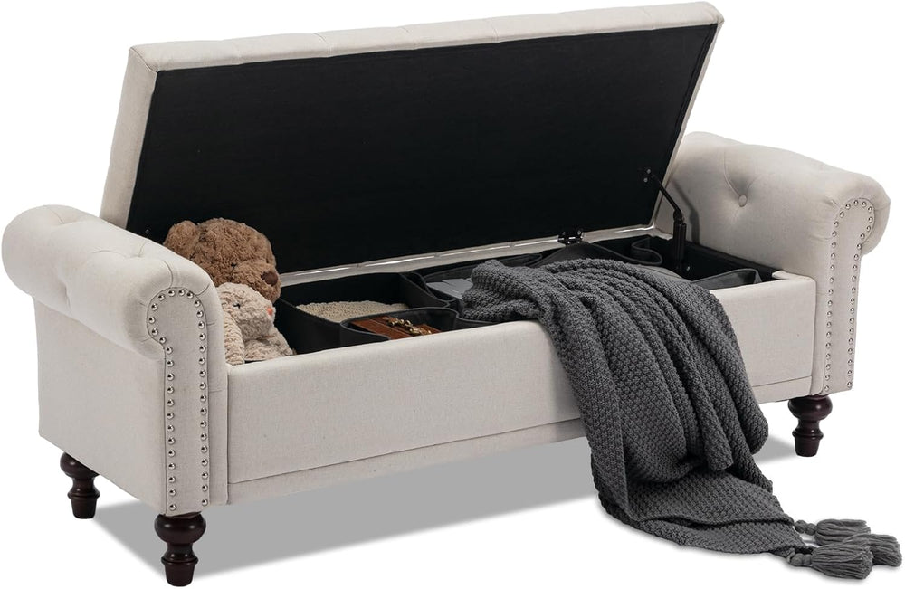SOFTHION 58.1" Storage Bench for Bedroom, Linen Upholstered, Beige | End...