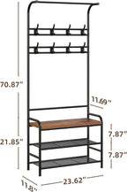 IDEALHOUSE Hall Tree with Entryway Bench with Coat Rack Shoe Rack Bench, 3 in 1 Hall Tree with Bench and Shoe Storage, 3-Tier Storage Shelf and 8 Hooks, Black, 23.6"(W) x 11.8"(D) x 70.1"(H)