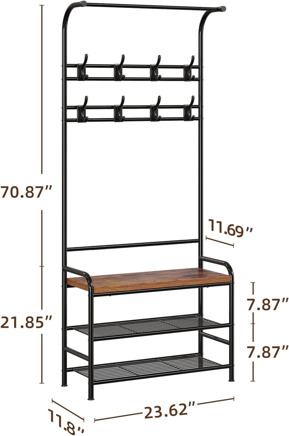 IDEALHOUSE Hall Tree with Entryway Bench with Coat Rack Shoe Rack Bench, 3 in 1 Hall Tree with Bench and Shoe Storage, 3-Tier Storage Shelf and 8 Hooks, Black, 23.6"(W) x 11.8"(D) x 70.1"(H)