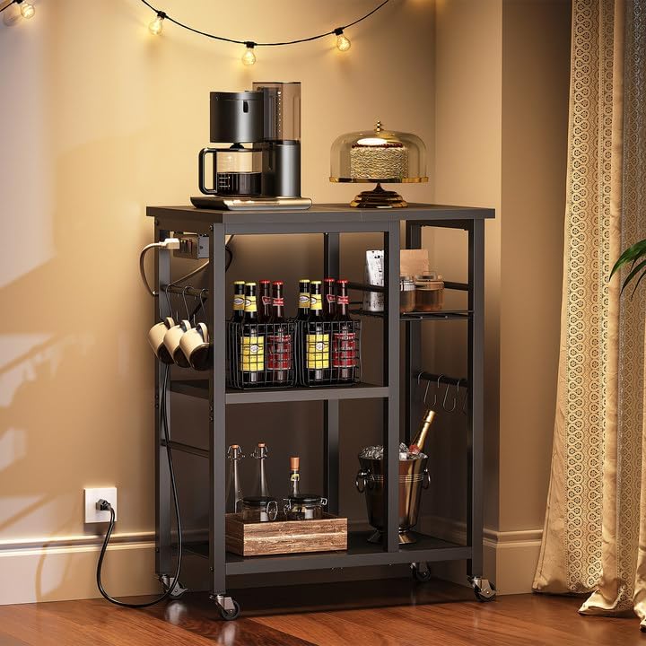 YATINEY Movable Bakers Rack, Microwave Stand with Charging Station, Kitchen Storage Rack with Hooks and Basket, Casters and Adjustable Feet, for Small Space, Kitchen, Dining Room, Black HB04UBB