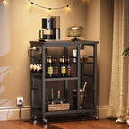 YATINEY Movable Bakers Rack, Microwave Stand with Charging Station, Kitchen Storage Rack with Hooks and Basket, Casters and Adjustable Feet, for Small Space, Kitchen, Dining Room, Black HB04UBB