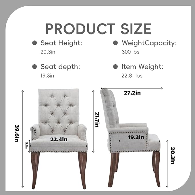 Upholstered Tufted Chenille Dining Chairs with Arms & Nailhead Trim – Solid Wood Frame & Legs, Modern Farmhouse for Dining, Kitchen & Living Room (Set of 1, Beige)