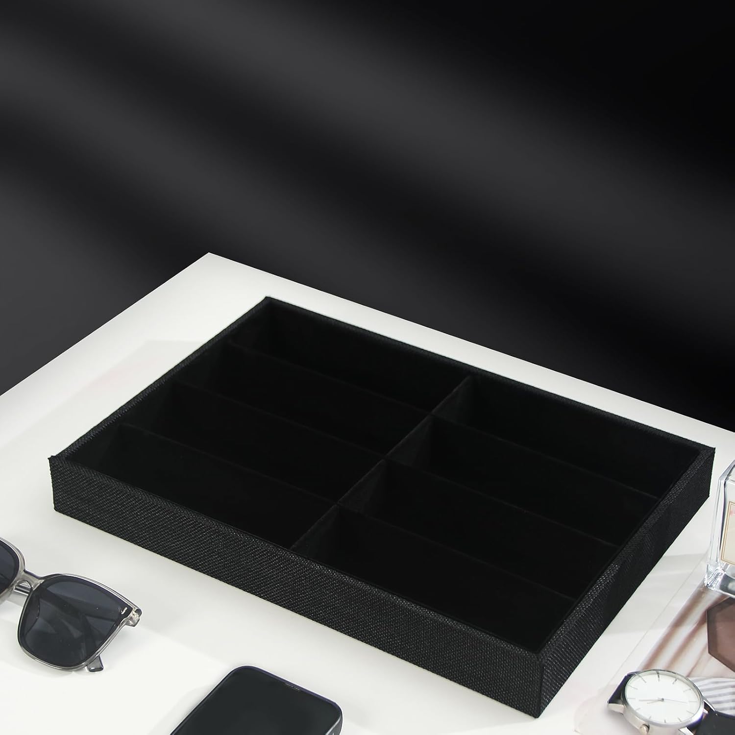 Julysky Sunglass Organizer Tray,8 Grids Watch Holder Display Jewelry Tray for Drawer, Jewelry Display Organizer Tray Box for Men （Black