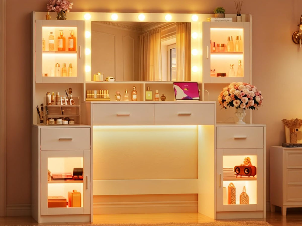 HUAHUU Large Vanity Desk with Mirror & Lights, 54.3'' Makeup Vani...