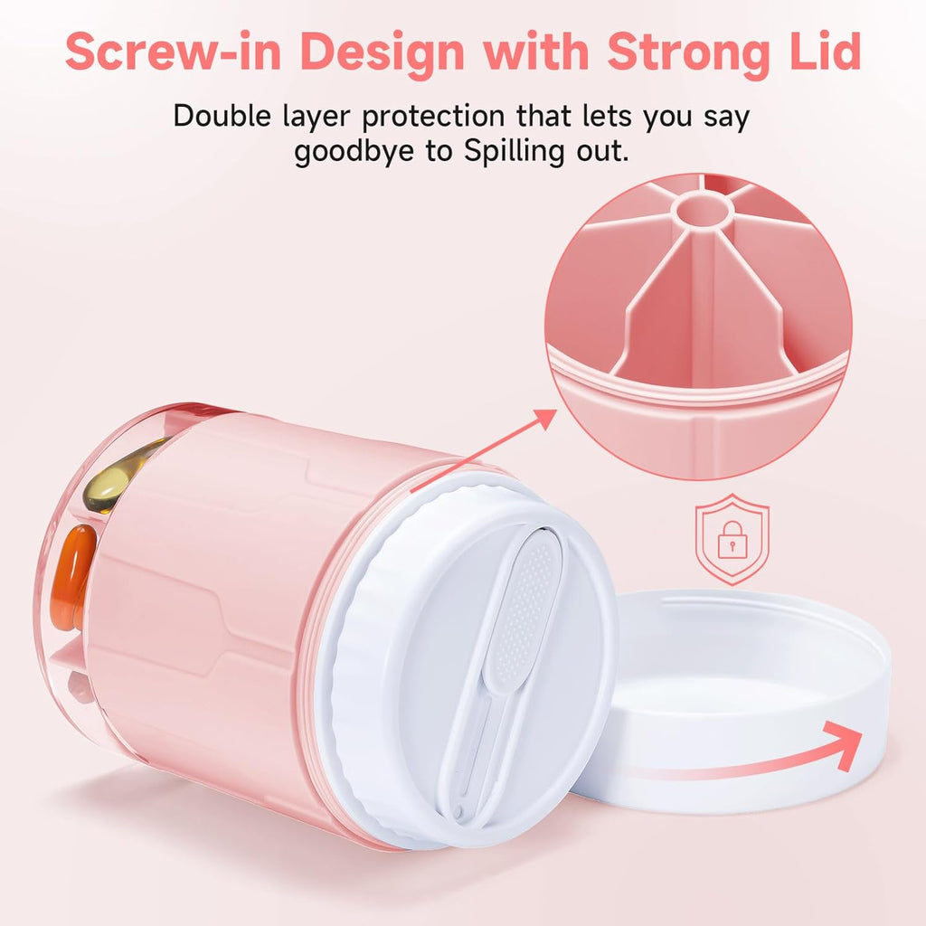 Daviky Pill Bottle Organizer, Supplement Organizer with 7 Large Compartments, Travel Pill Dispenser Round Pill Box with Two Lids（Pink+White）