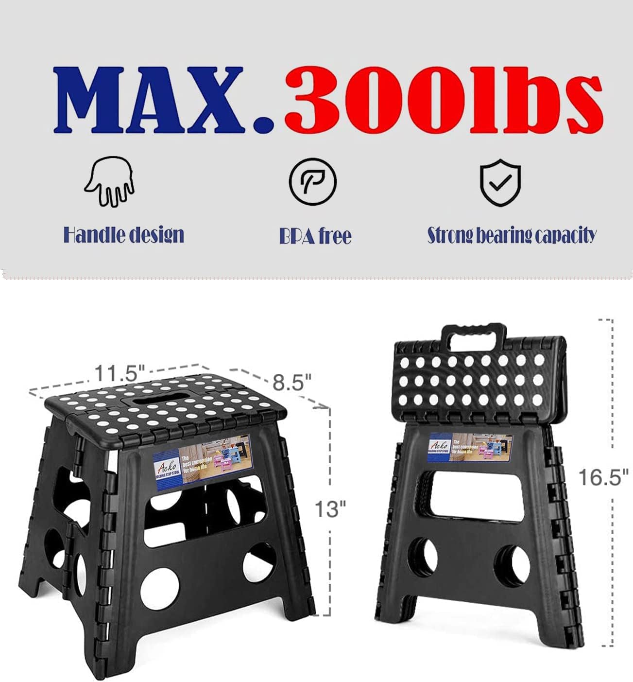ACKO 13 Inch Folding Step Stool 3-Piece Set, 300 LB Capacity Plastic Foldable Stools with Handle, Non-Slip Bundle (Black & Black & Black)
