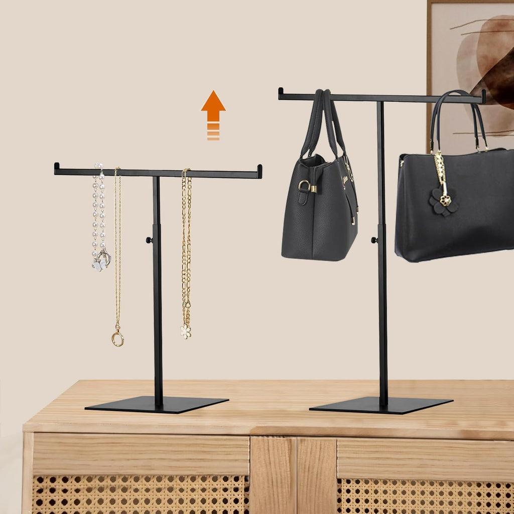 T-shaped metal rack stand,2pcs Adjustable Purse Display Stand Jewelry Towers, Table Hanging Rack, Suitable for Long Necklaces, Scarves, Hanging Ribbons, Jewelry and Handicrafts Display (Black 2pcs)