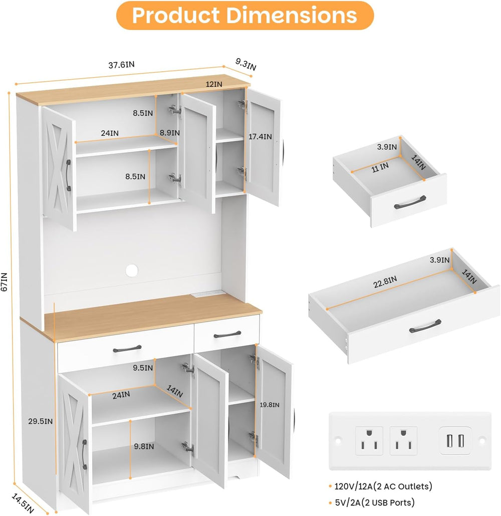 42" Tall Kitchen Pantry Storage Cabinet with Microwave Stand, with Charg...