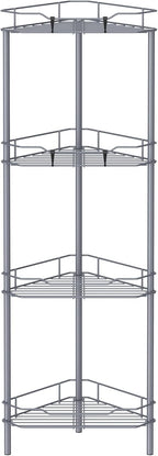 4 Tier Floor Standing Corner Shower Caddy Organizer Shelf with Hooks, Bathroom Shelves Stand Rack, Dark Gray