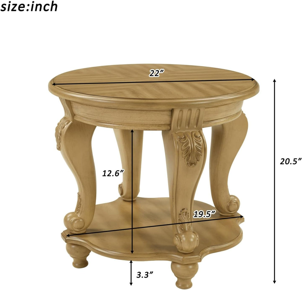 KEIKI Solid Rubber Wood Round Side End Table with Storage Shelf, Traditional ...