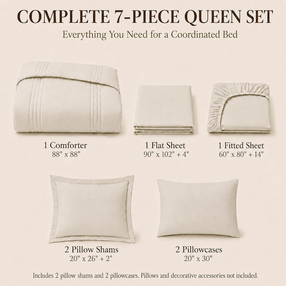 Queen Comforter Set Beige - 7 Pieces Vertical Quilted Bed in a Bag