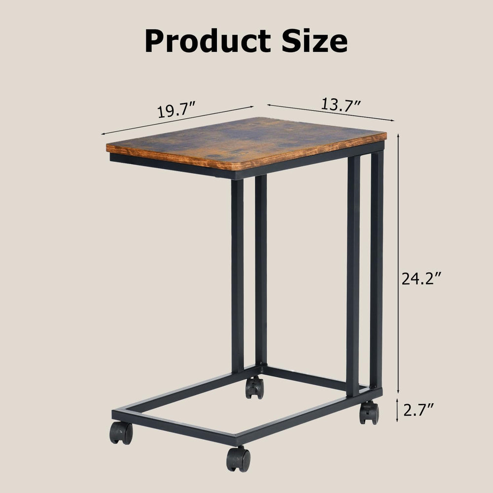 FurnitureR End Table C Shaped, Snack Side Table with Rolling Wheels for Sofa ...