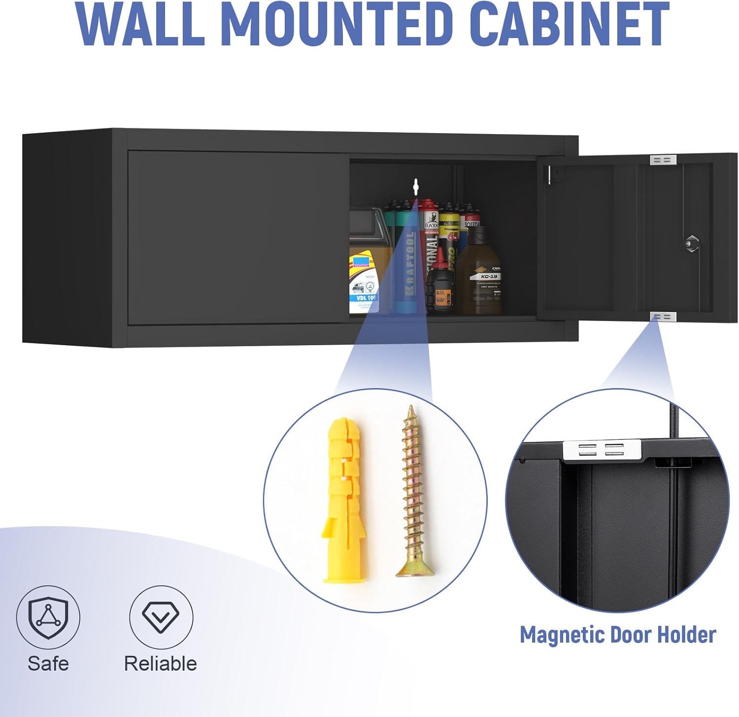 Garage Locking Cabinet, 13” H Garage Storage Cabinet Wall Mounted, Floating Storage Organization for RV, Hanging Tool Storage Cabinets for School, Office, Warehouse, Black