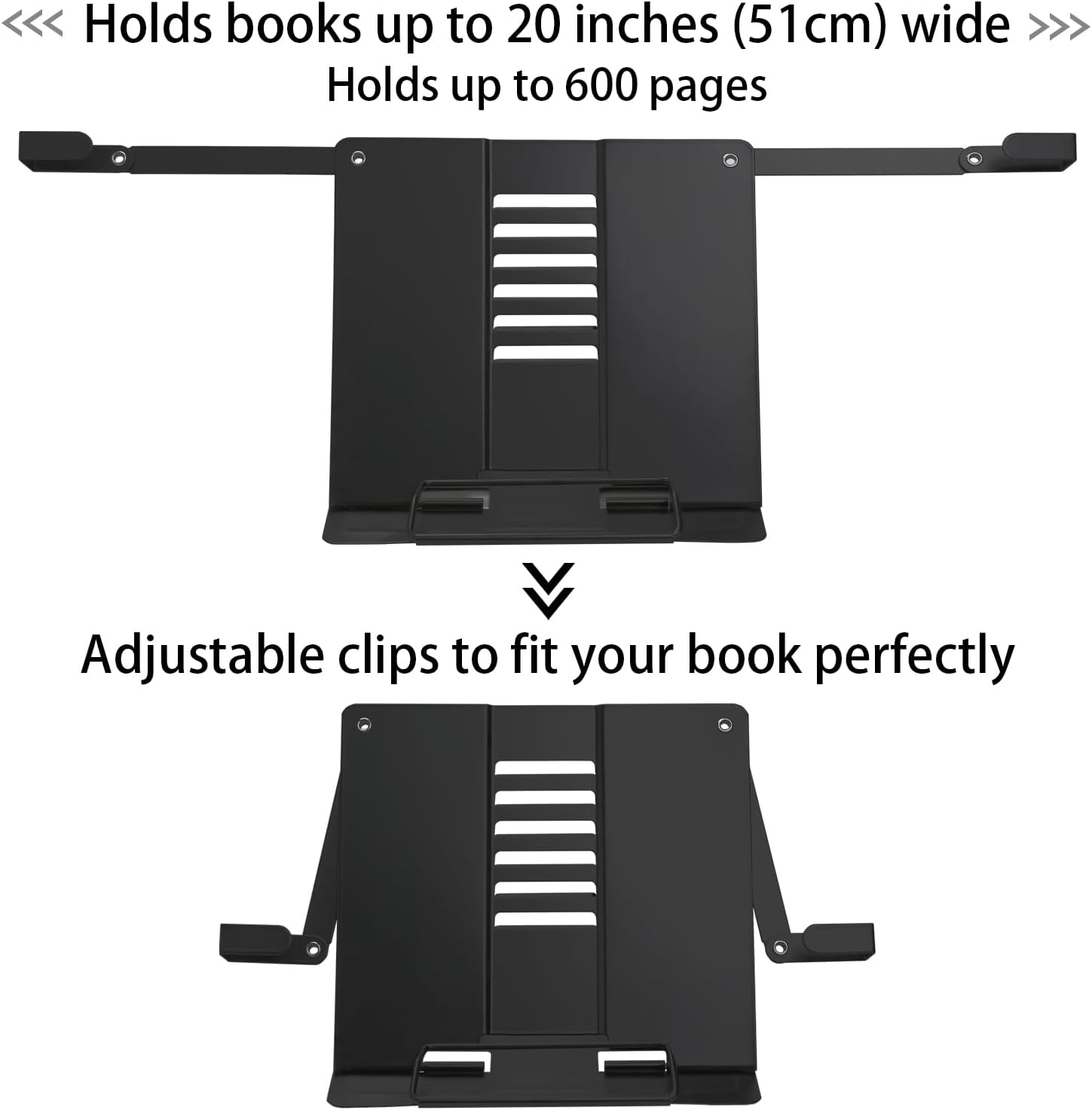 Metal Desk Book Stand for Reading with Adjustable Clips, Hands-Free Foldable Book Holder for Kids, Portable Document Stand for Desk, Display Stand for Recipes, Cookbooks, Tablets - Black