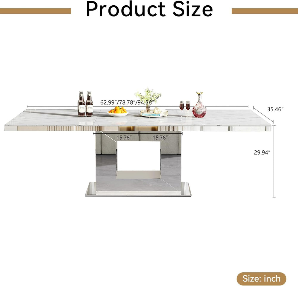 94 in Large Extendable Dining Table for 6 8 10, White Marble Pattern Top &amp...