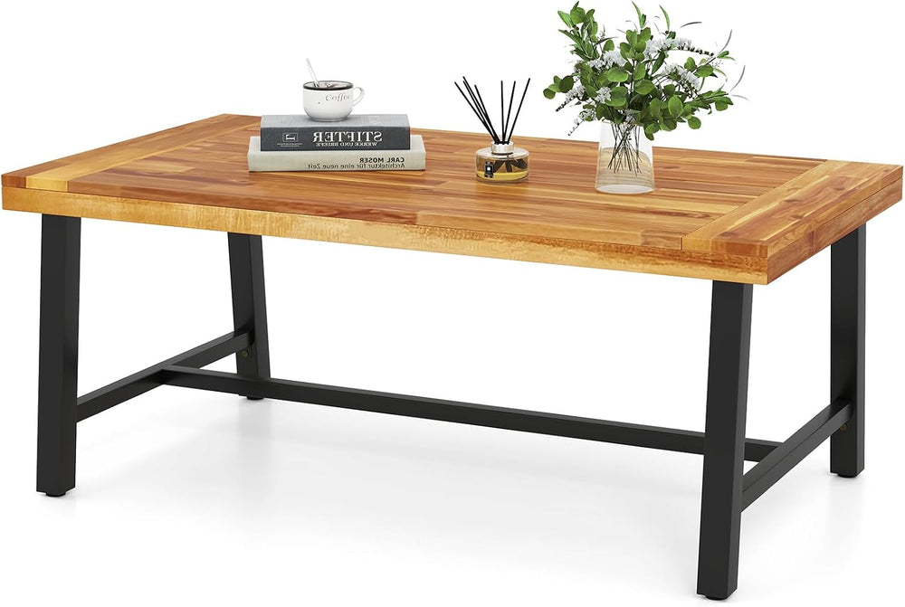 HAPPYGRILL Acacia Wood Patio Coffee Table, Outdoor Rectangular Center Table w...