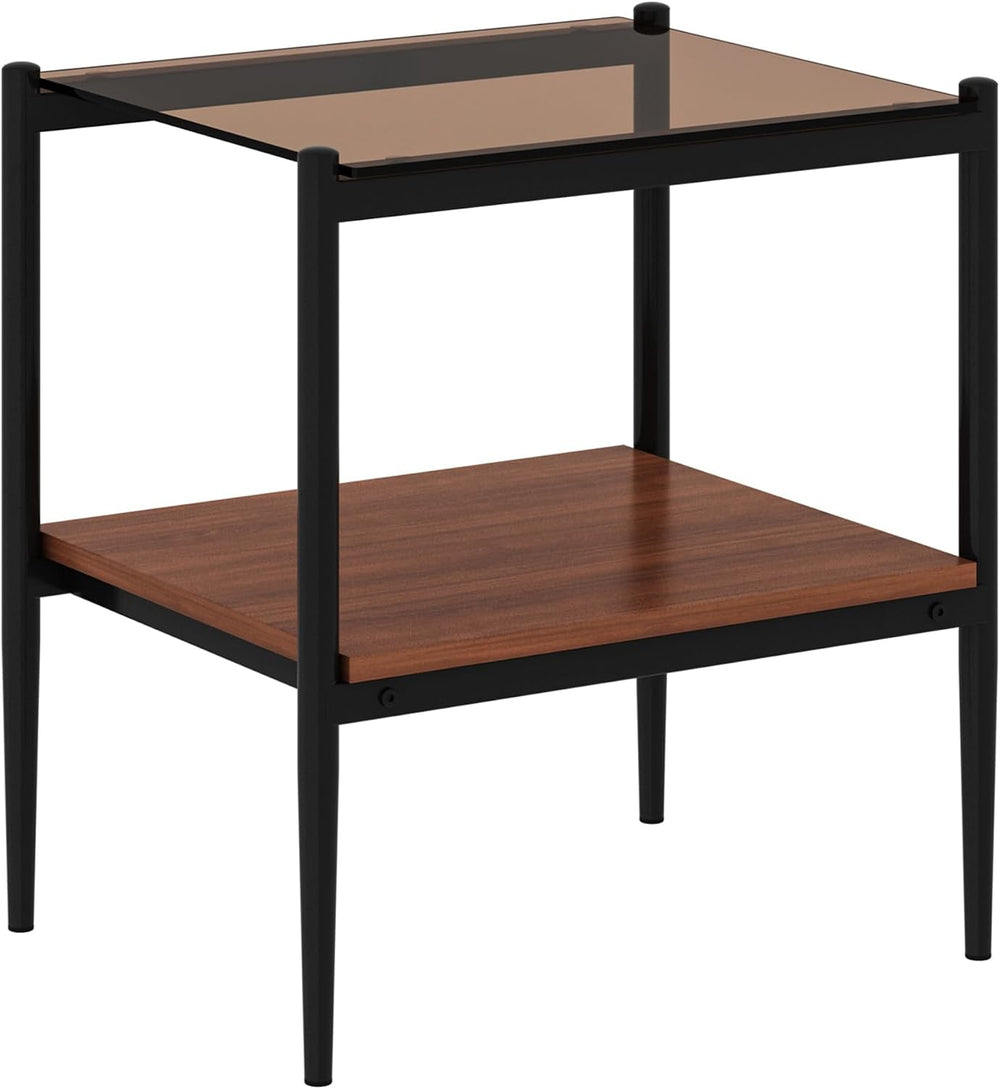 Set of 2 Rectangle End Tables, Tempered Glass Top, Brown | MDF shelf, iron le...