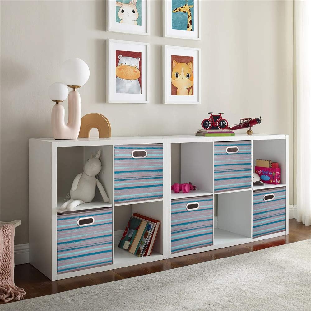 13 inch Collapsible Storage Cubes Bins Teal Stripes Fabric Storage Boxes Foldable Cube Inserts Storage Grey Printed Folding Cloth Storage Baskets Drawer Organizer ,QY-SC05-3