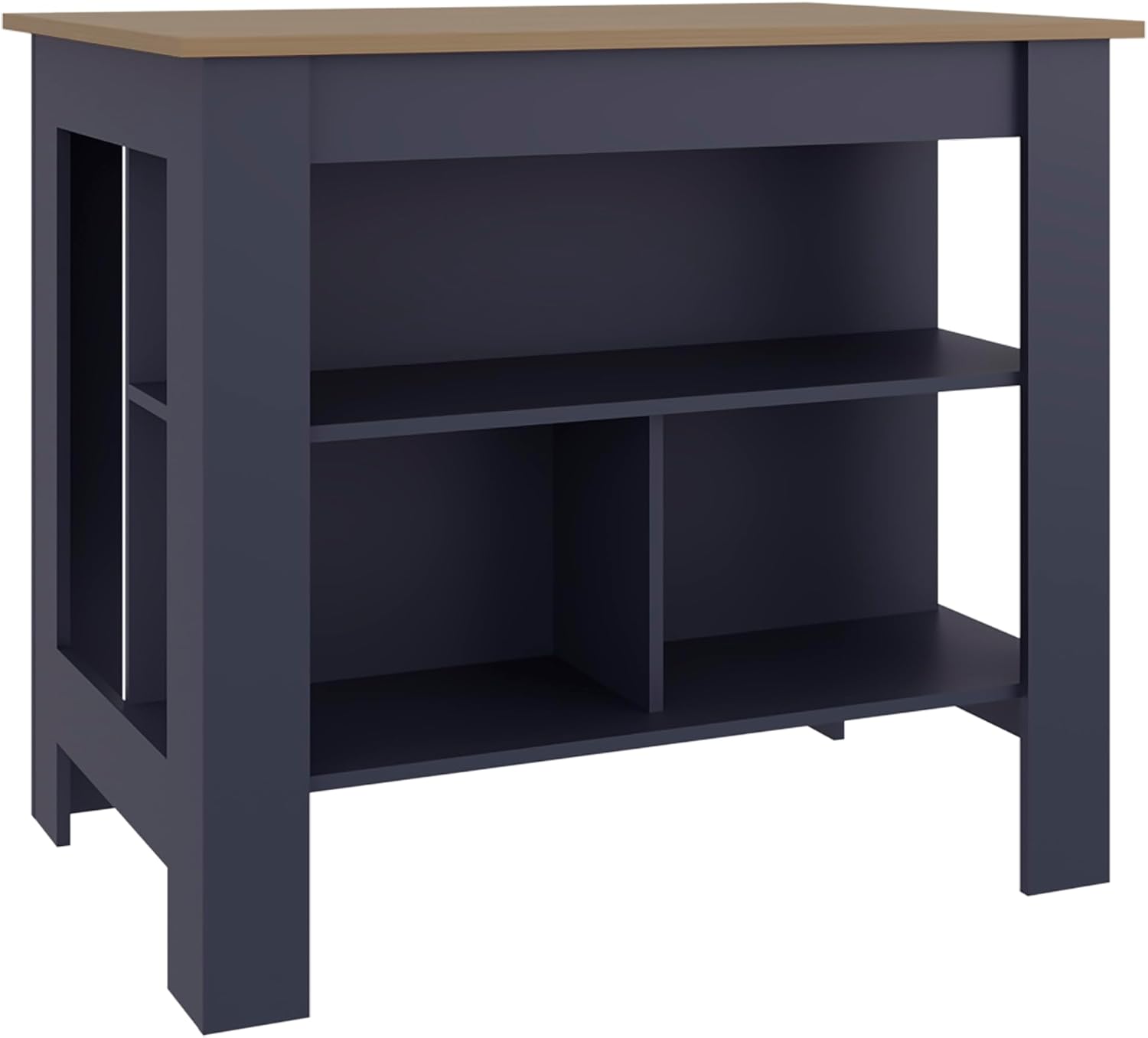 Cala Kitchen Island with Three Open Shelves, Particle Board Meal Prep Organizer with Wide Top Surface, Navy Blue