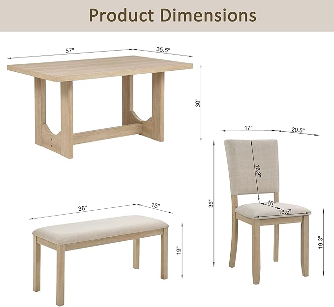 KEIKI 6-Piece Standard Height Dining Table Set with Rectangular Table, 4 Upho...
