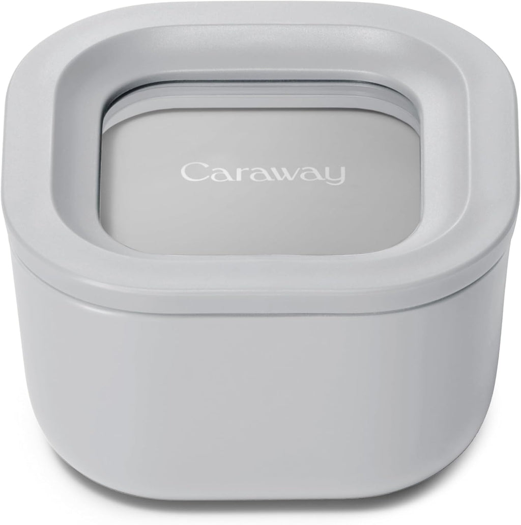 Caraway Mini Square Food Storage Container - 1.75 Cup Glass Storage Container for Food - Non-Toxic Ceramic-Coated Glass - Air Release Technology - Compact & Stackable Design - Gray