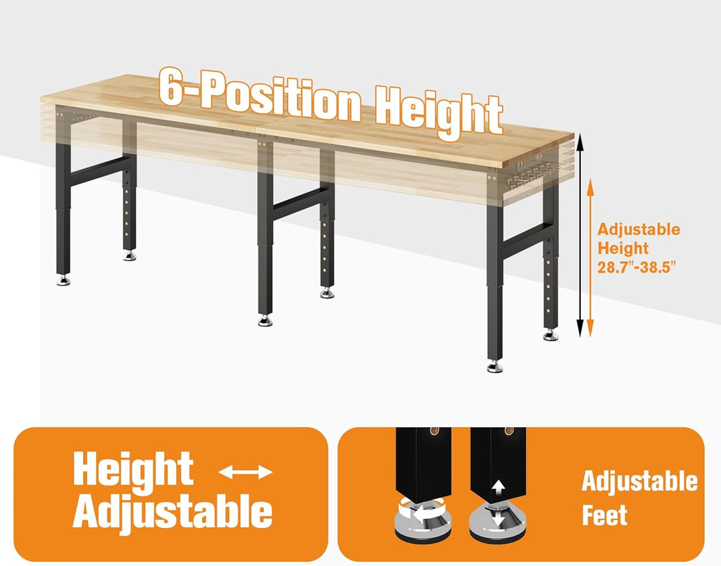 SPECRAFT 96“ Adjustable Heavy Duty Workbench with 4 AC Outlet and 2 USB Ports Power Outlets, 6000 Lbs Capacity, Rubber Wood Top for Garage, Workshop, Office