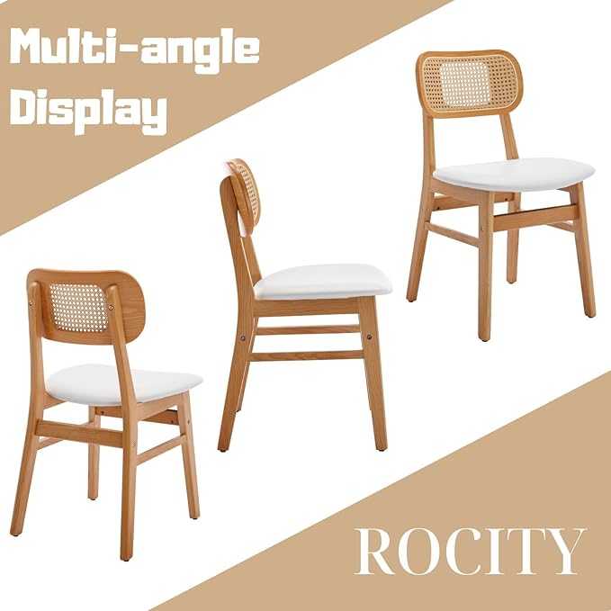 Rattan Dining Chairs Set of 4 White Faux Leather Dining Room Chairs Natural Wooden Kitchen Chairs Farmhouse Side Chairs