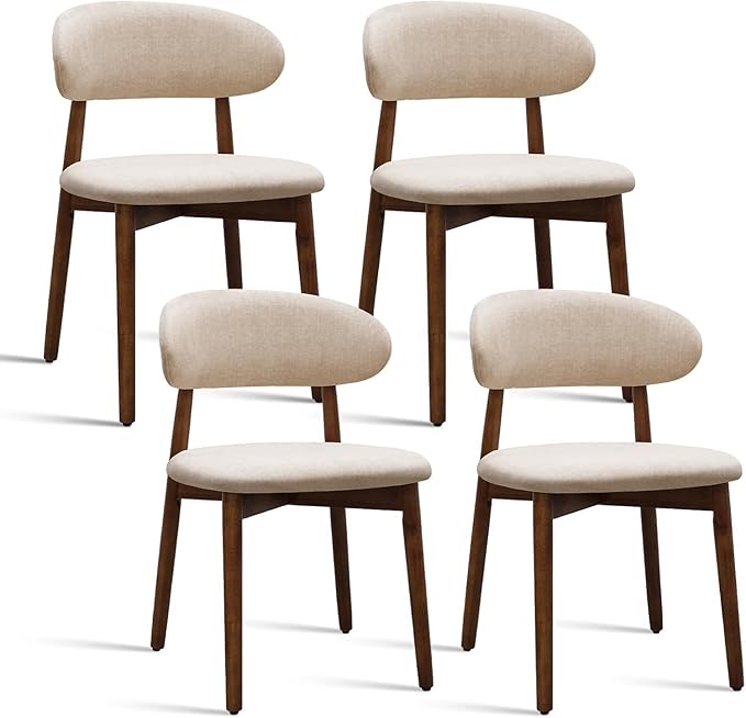 Farmhouse Dining Chairs Set of 4, Mid Century Modern Wooden Dining Room Chairs, Farmhouse Fabric Upholstered Kitchen Dinner Chairs for Living Room Restaurant Cafe, Walnut/Light Camel