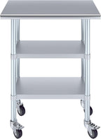 AmGood Stainless Steel Work Table with 2 Shelves and Casters | Metal Utility Table On Wheels (Stainless Steel Work Table with 2 Shelves + Casters, 30" Long x 18" Deep)