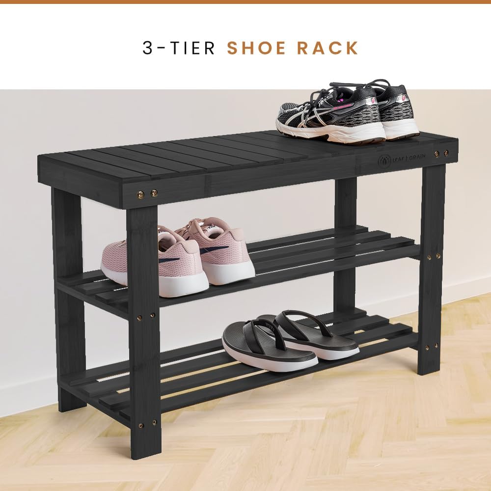 Leaf & Grain Bamboo Shoe Rack - Shoe Storage Bench for Front Door Entrance – Entryway Bench with Shoe Shelf, Shoe Storage Organizer, Wooden Shoe Rack, Durable Shoe Bench for Home (Black)