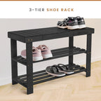 Leaf & Grain Bamboo Shoe Rack - Shoe Storage Bench for Front Door Entrance – Entryway Bench with Shoe Shelf, Shoe Storage Organizer, Wooden Shoe Rack, Durable Shoe Bench for Home (Black)