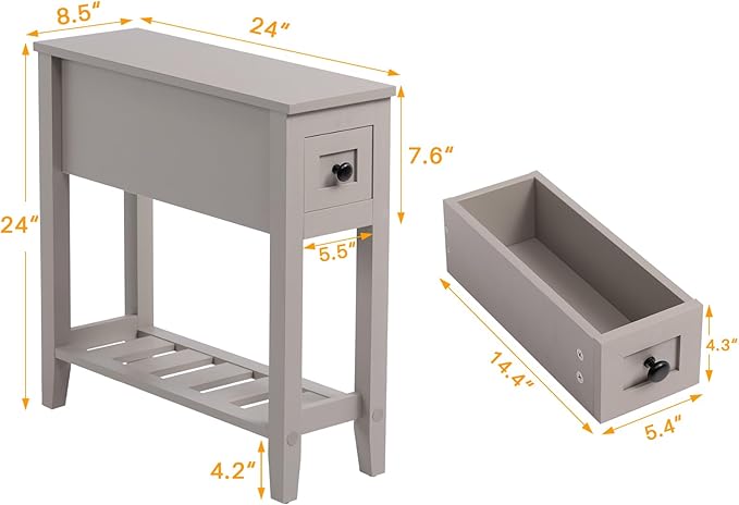 Gery Chairside Narrow End Table, Solid Recliner Side Table with Drawer, Slim ...